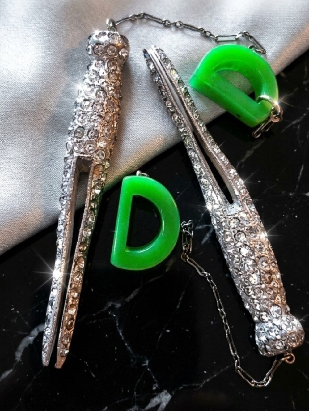Antique Silver Crystal Dress Clip Set With Bakelite Initials Genuine Art Deco
